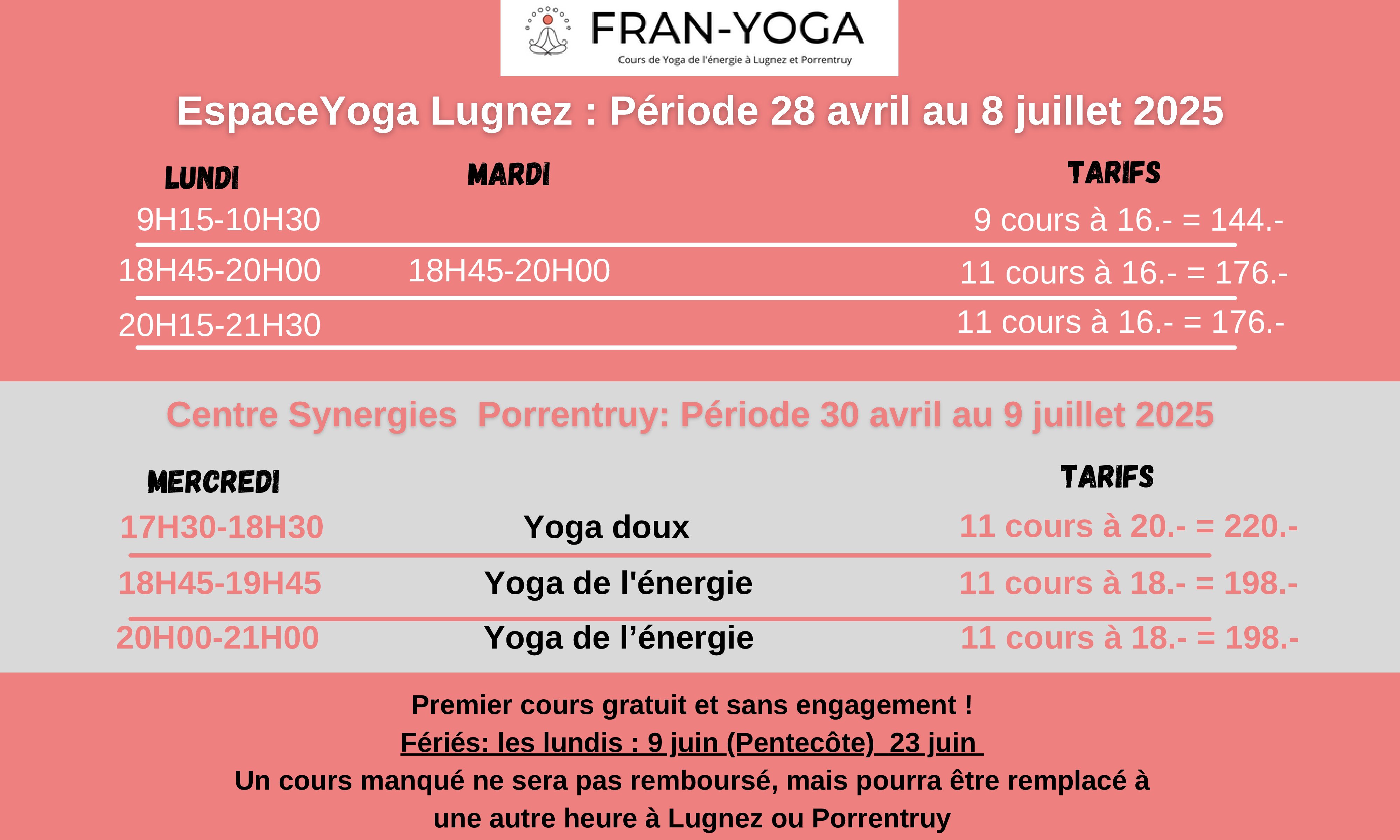 Horaire cours - avril - juillet 2025